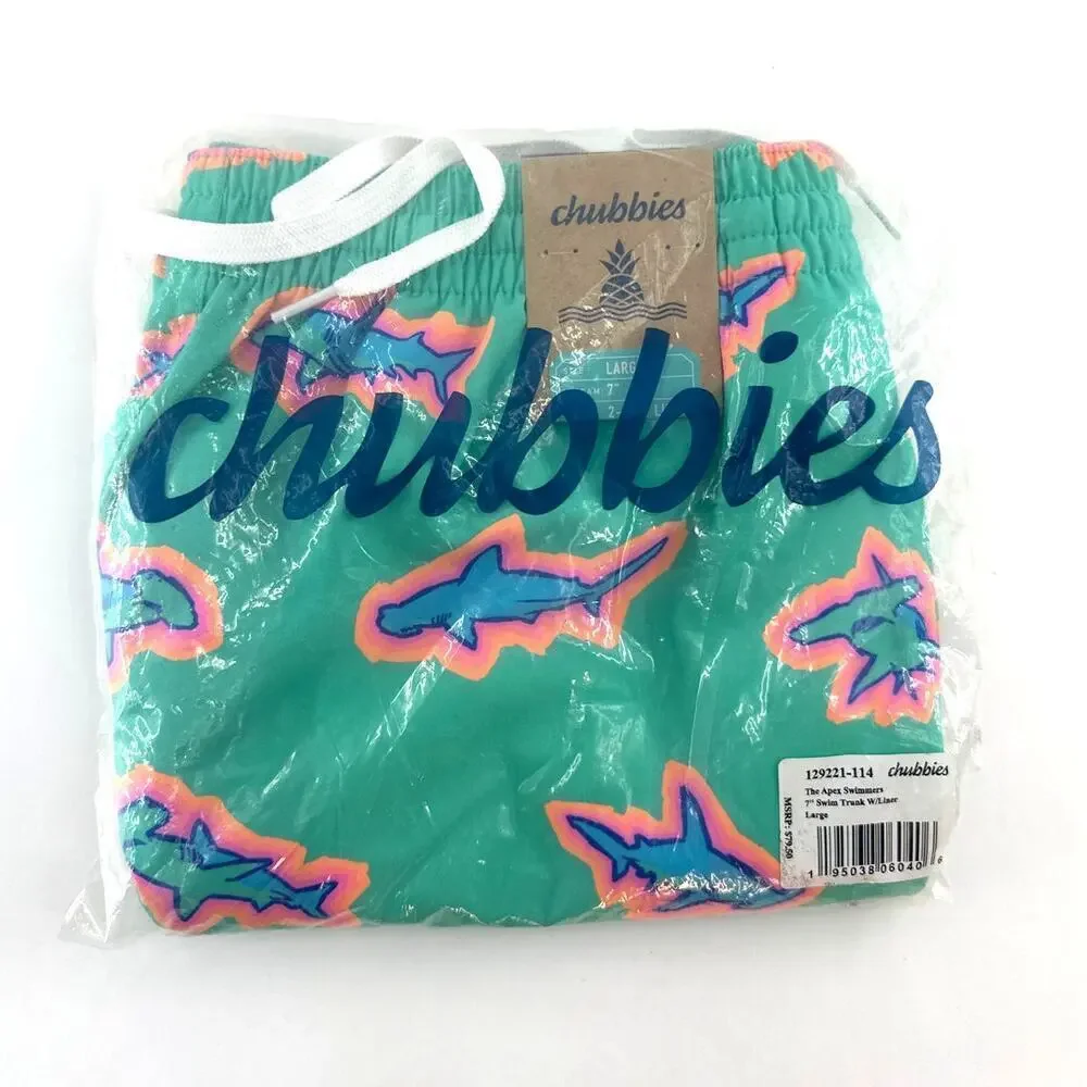 Chubbies Teal Sharks The Apex Swimmers Lined Classic Swim Trunk Size L